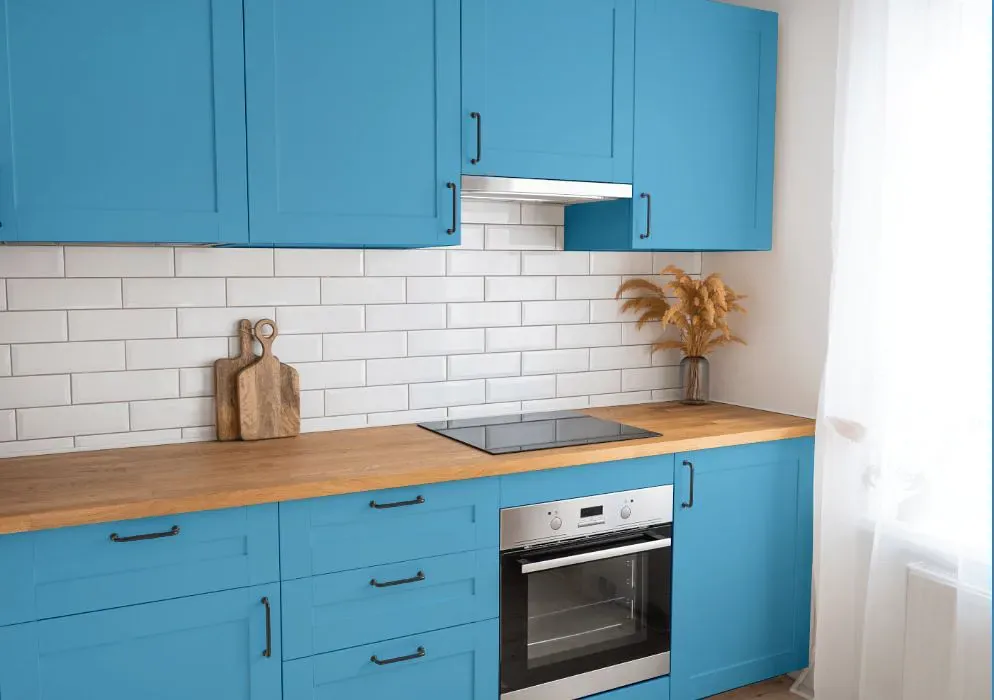 Benjamin Moore Blue Belle Island kitchen cabinets