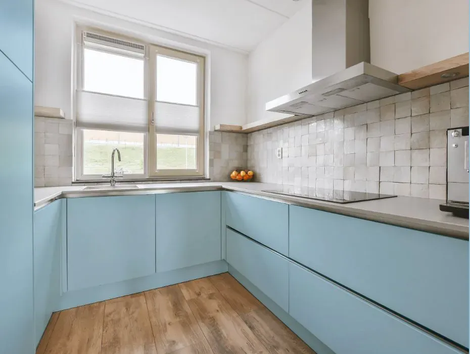 Benjamin Moore Blue Hydrangea small kitchen cabinets