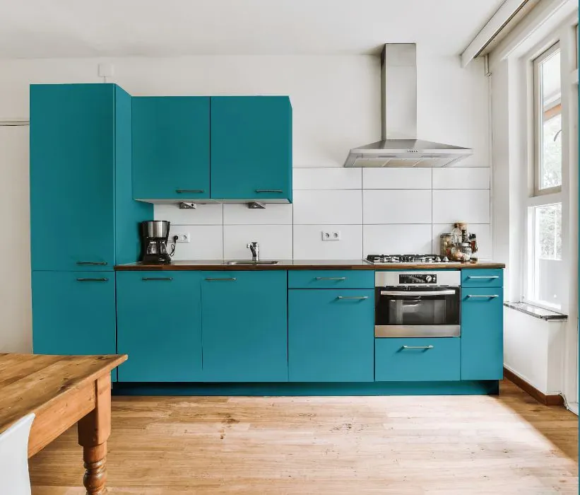 Benjamin Moore Blue Lagoon kitchen cabinets