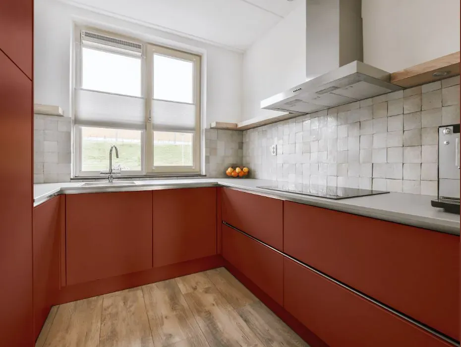 Benjamin Moore Brickyard Red small kitchen cabinets