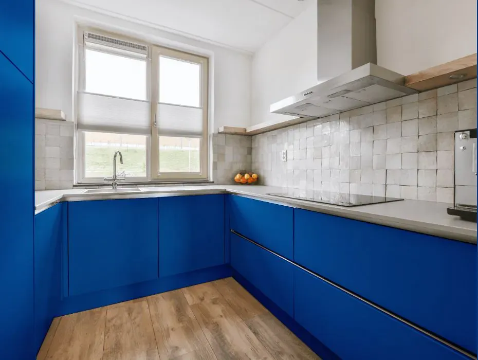 Benjamin Moore Brilliant Blue small kitchen cabinets