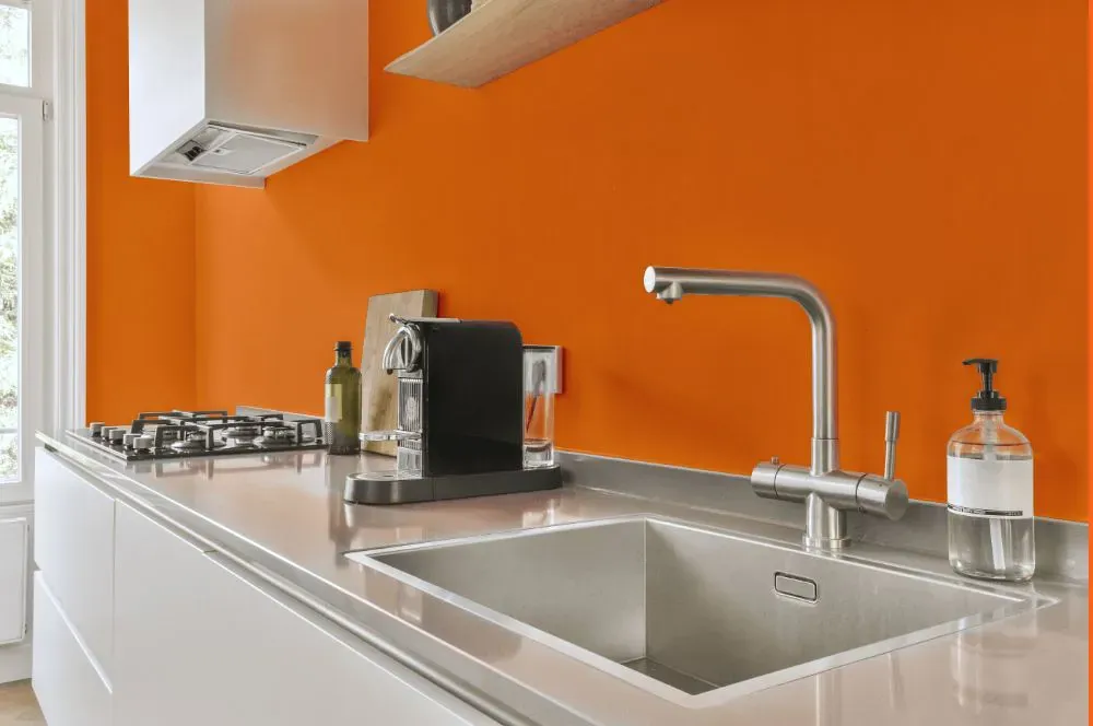 Benjamin Moore Calypso Orange kitchen painted backsplash