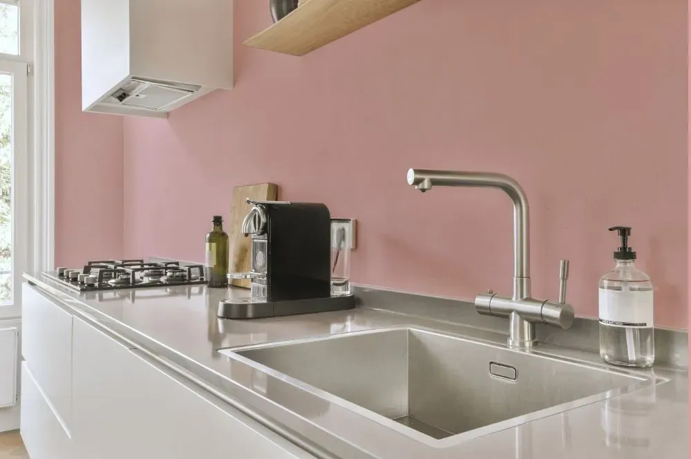 Benjamin Moore Camellia Pink kitchen painted backsplash