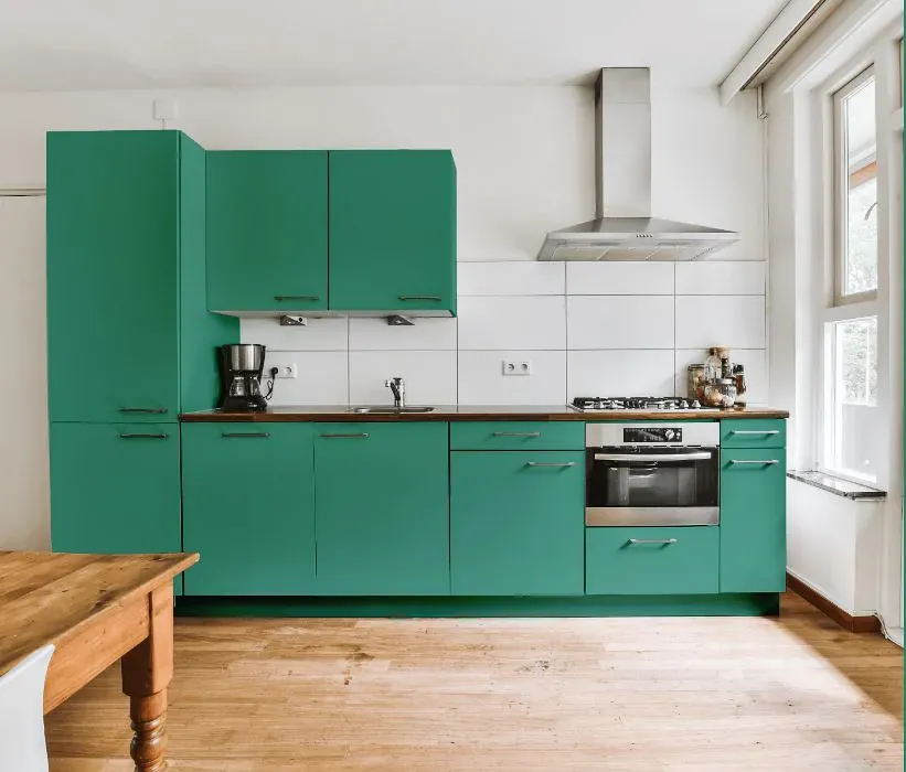 Benjamin Moore Captivating Teal kitchen cabinets