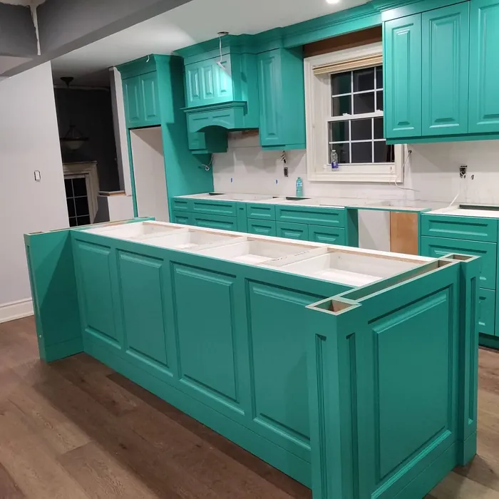 Benjamin Moore Captivating Teal kitchen cabinets paint