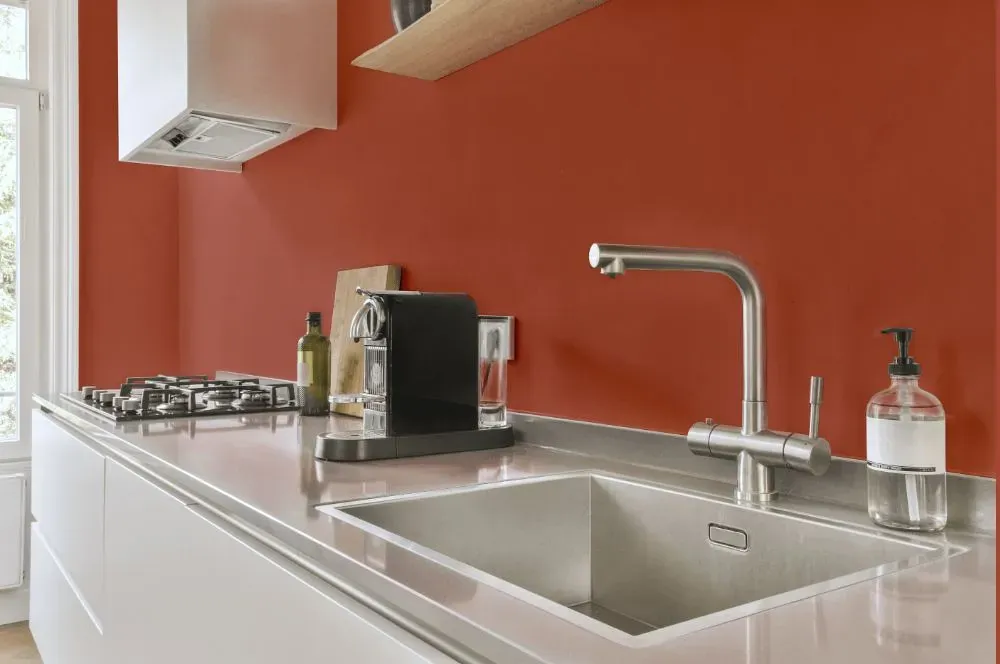 Benjamin Moore Carter Red kitchen painted backsplash