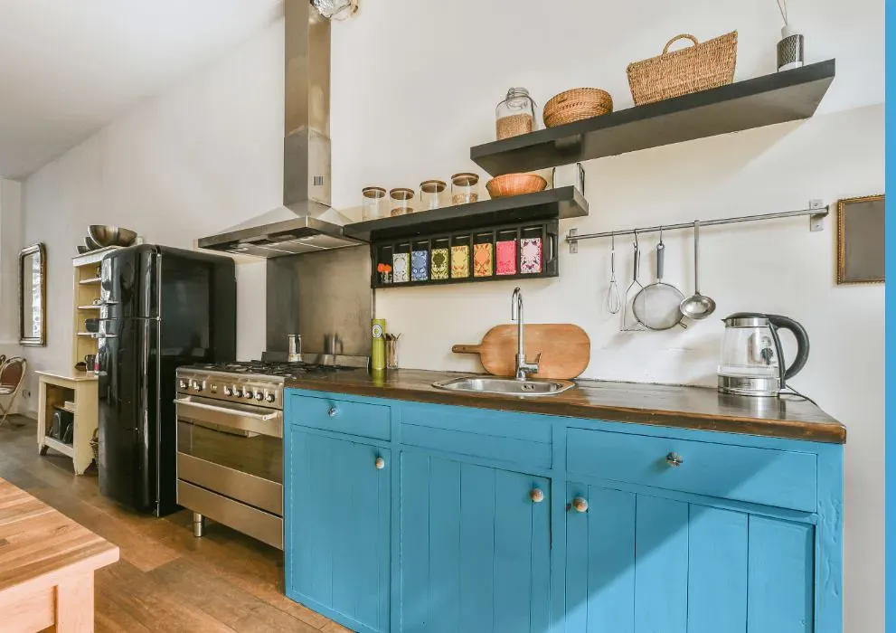 Benjamin Moore Cayman Blue kitchen cabinets