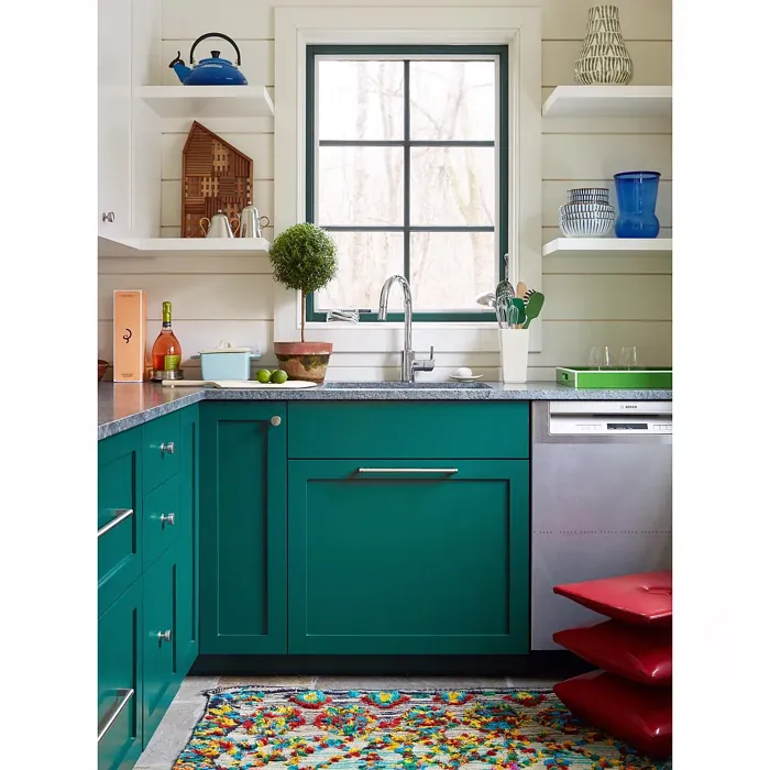 Benjamin Moore Chrome Green kitchen cabinets paint