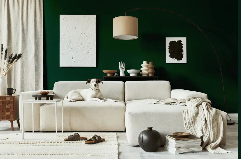 Benjamin Moore Chrome Green cozy living room