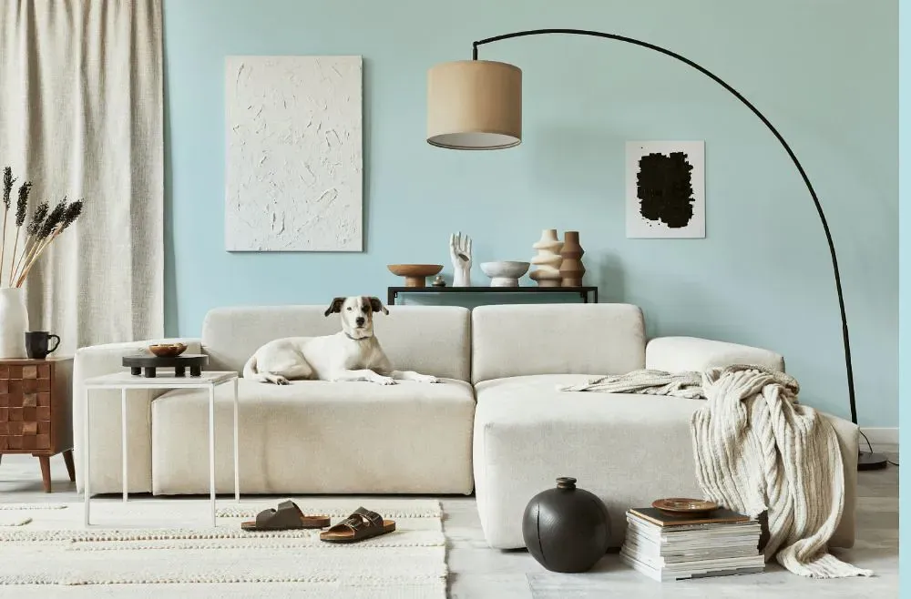 Benjamin Moore Clear Skies cozy living room