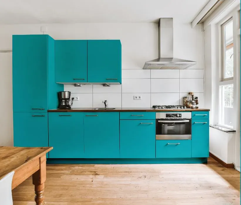 Benjamin Moore Cool Aqua kitchen cabinets