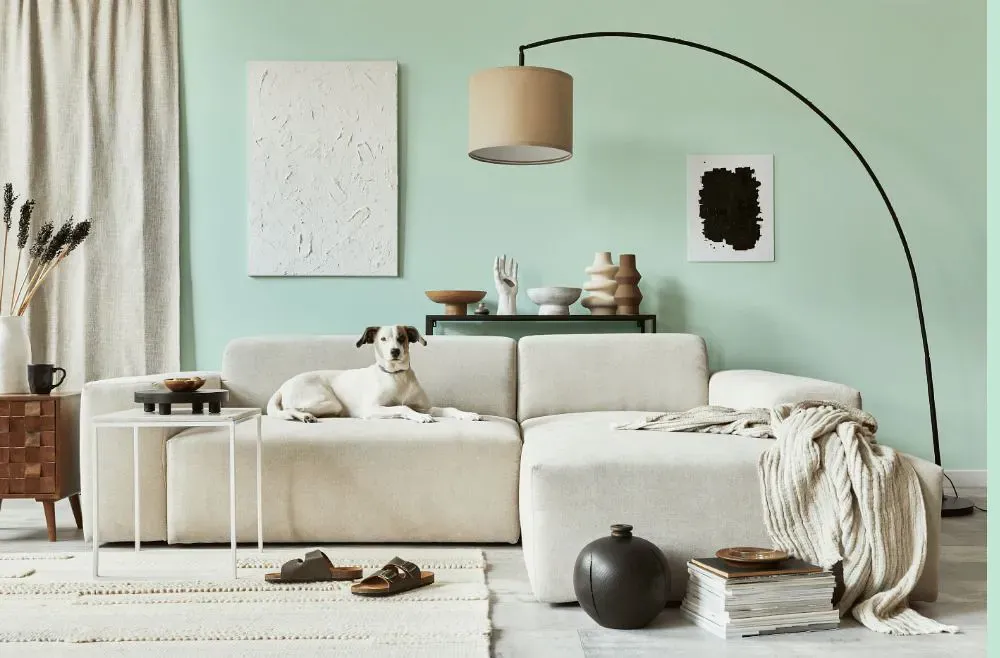 Benjamin Moore Cool Mint cozy living room