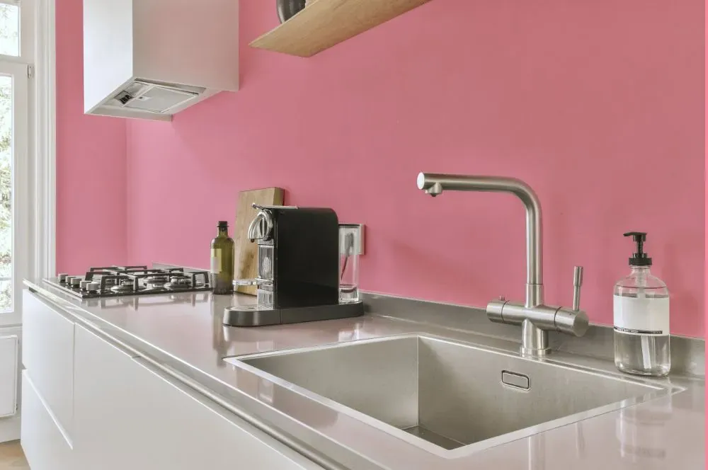 Benjamin Moore Coral Pink kitchen painted backsplash