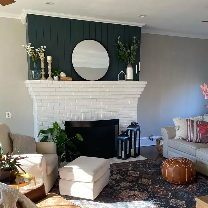 Benjamin Moore Dark Pewter living room fireplace accent wall