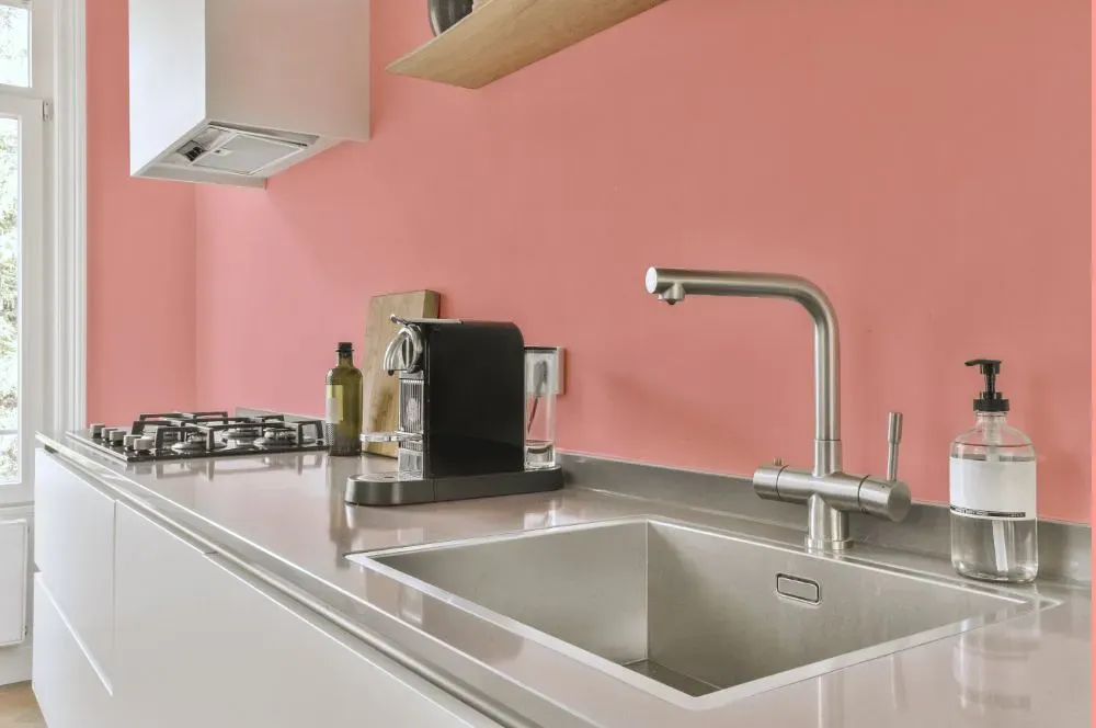 Benjamin Moore Dawn Pink kitchen painted backsplash