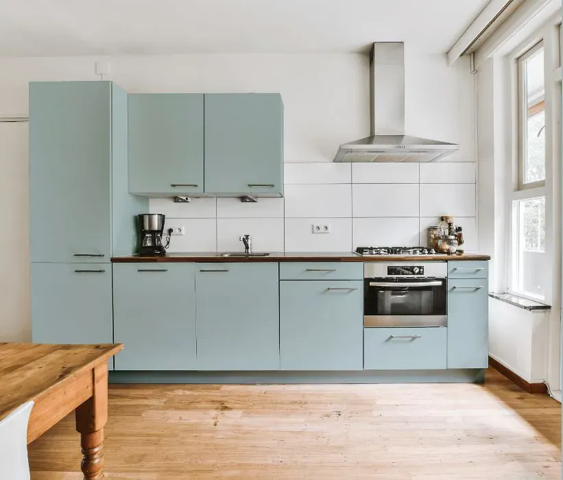 Benjamin Moore Dusky Blue kitchen cabinets