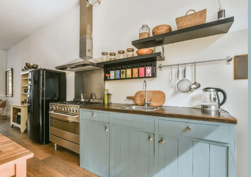 Benjamin Moore Dusky Blue kitchen cabinets