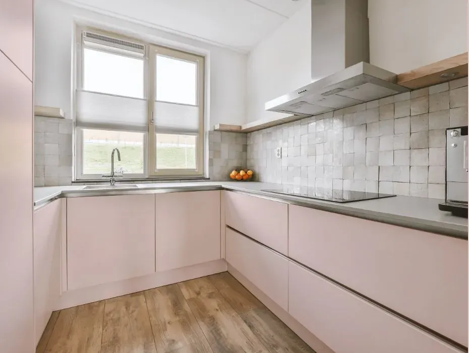 Benjamin Moore Fairest Pink small kitchen cabinets