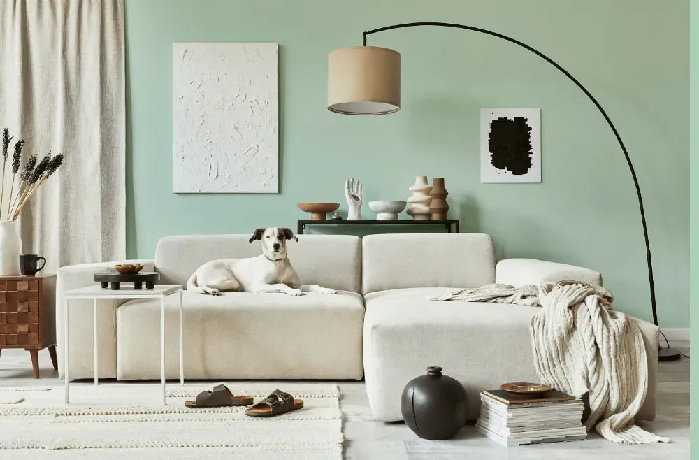 Benjamin Moore Feather Green cozy living room