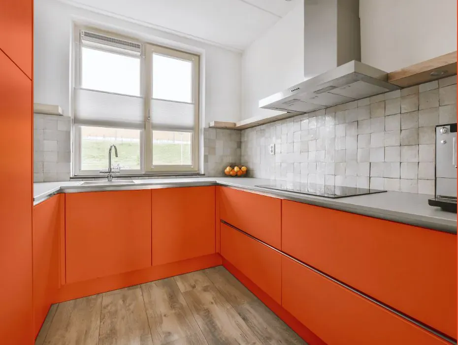Benjamin Moore Fiesta Orange small kitchen cabinets