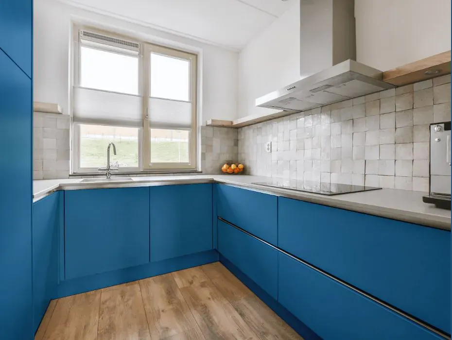 Benjamin Moore Finley Blue small kitchen cabinets