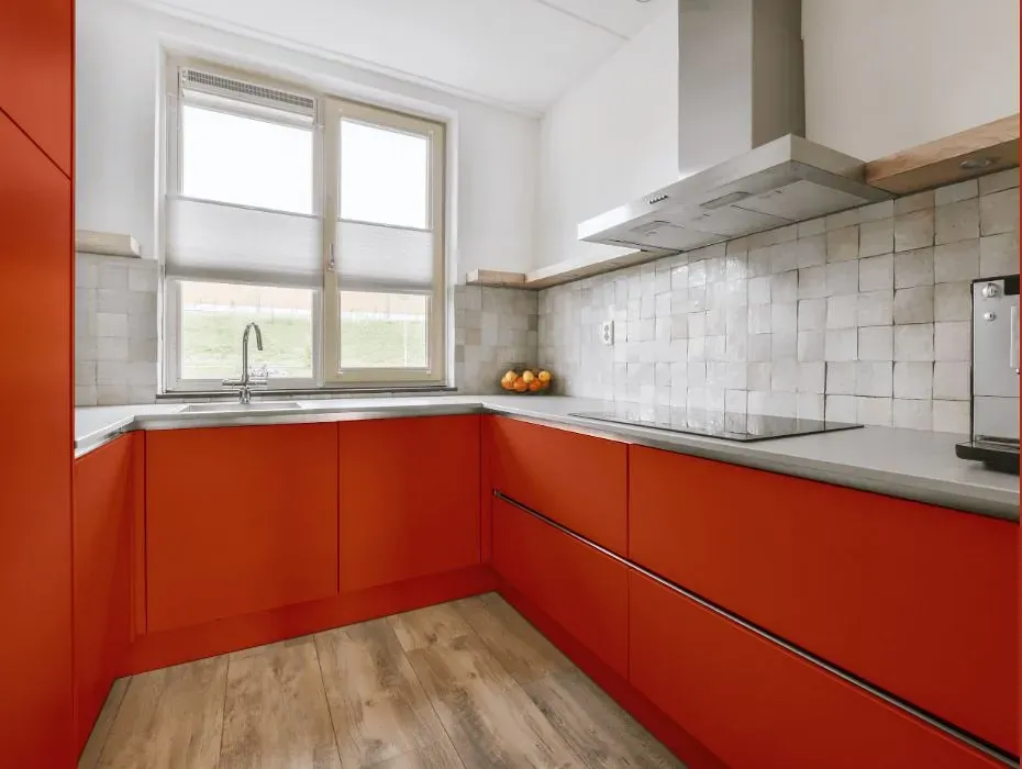 Benjamin Moore Fireball Orange small kitchen cabinets