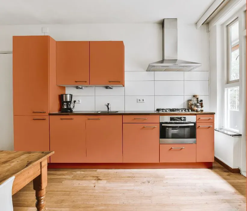 Benjamin Moore Flamingo Orange kitchen cabinets