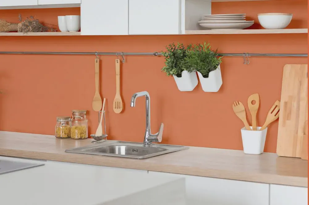 Benjamin Moore Flamingo Orange kitchen backsplash