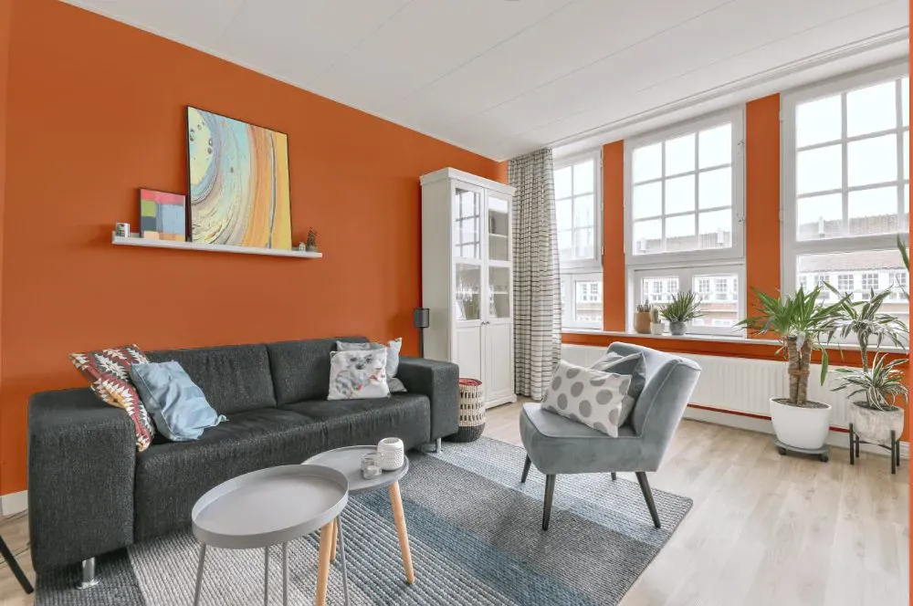Benjamin Moore Flamingo Orange living room walls