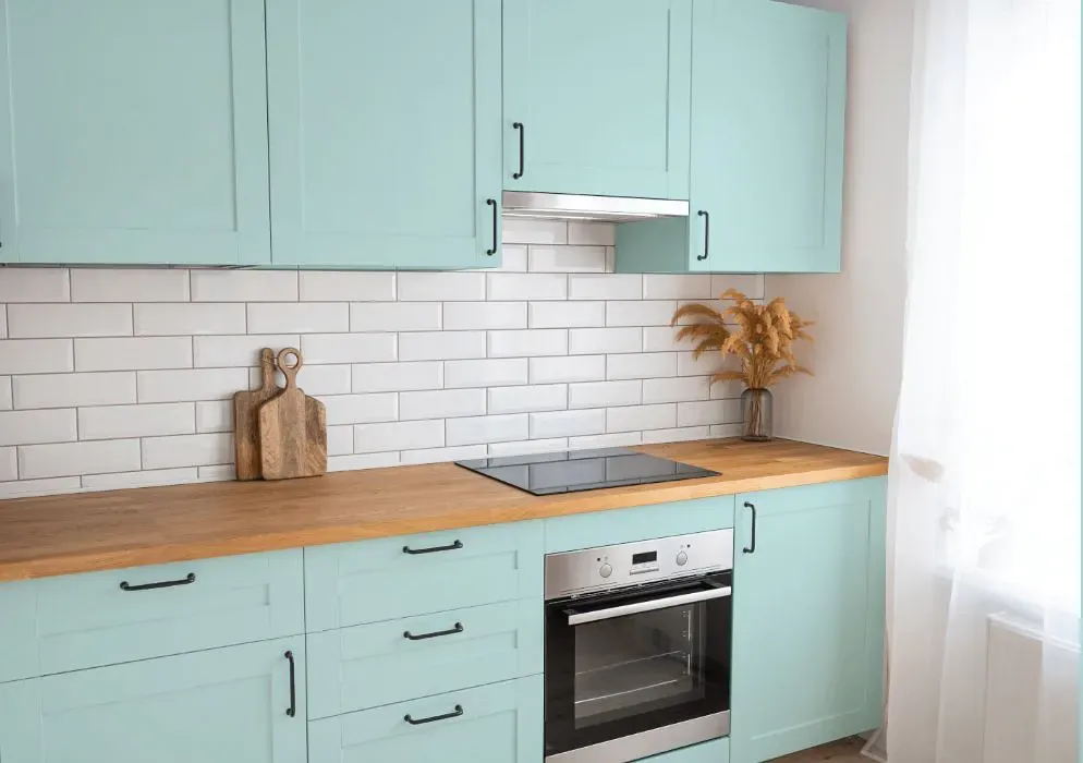 Benjamin Moore Forget Me Not kitchen cabinets
