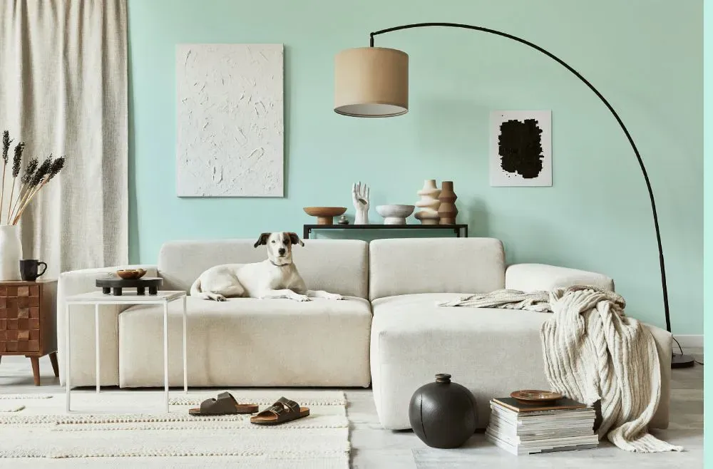 Benjamin Moore Frosty Mint cozy living room