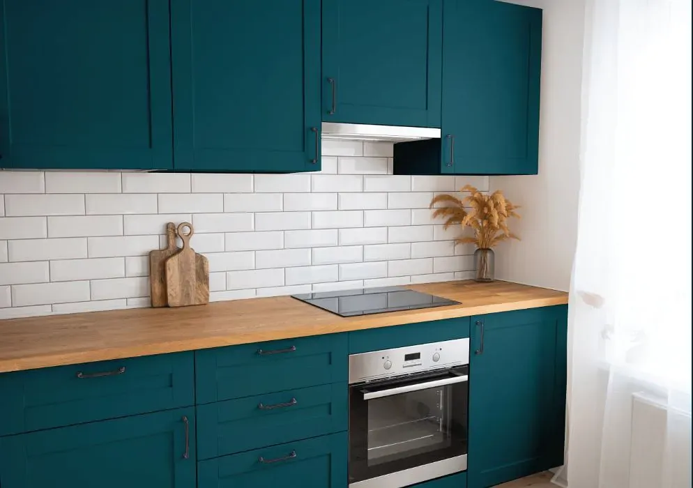 Benjamin Moore Galápagos Turquoise kitchen cabinets