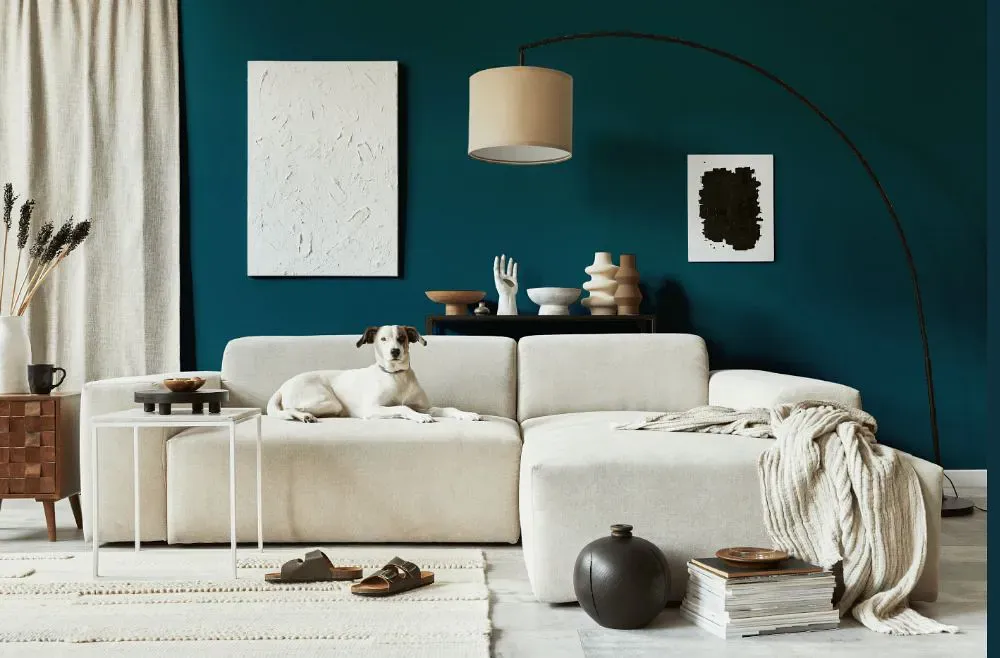 Benjamin Moore Galápagos Turquoise cozy living room