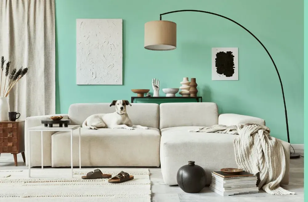 Benjamin Moore Gentle Breeze cozy living room