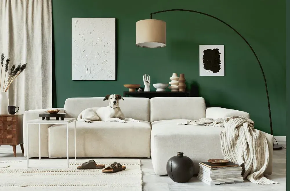 Benjamin Moore Gothic Green cozy living room