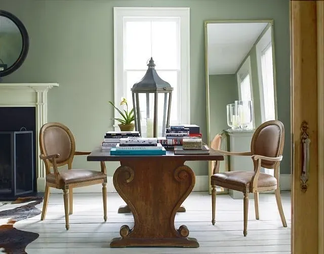 Benjamin Moore Guilford Green living room fireplace paint review