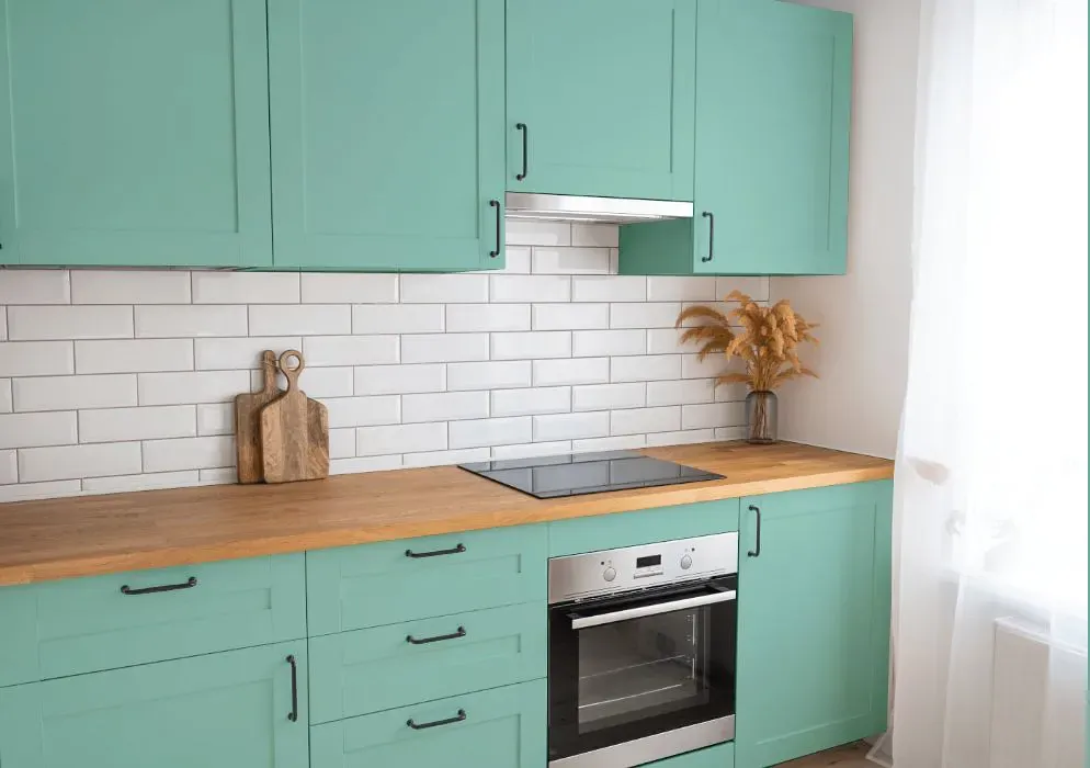 Benjamin Moore Hazy Blue kitchen cabinets