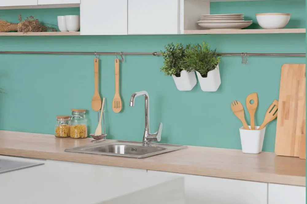 Benjamin Moore Hazy Blue kitchen backsplash