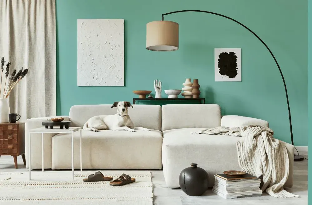 Benjamin Moore Hazy Blue cozy living room