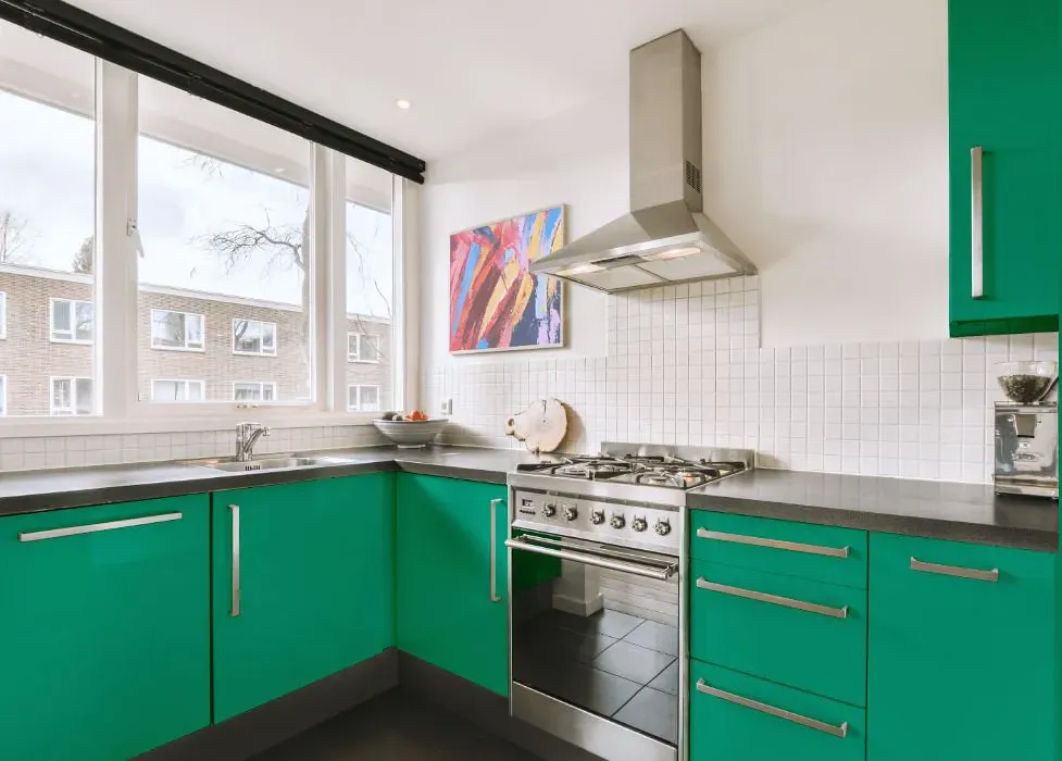 Benjamin Moore Hummingbird Green kitchen cabinets