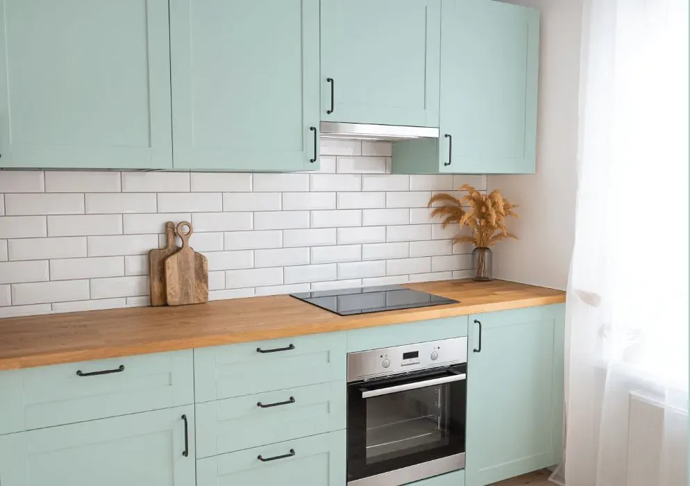 Benjamin Moore Iced Green kitchen cabinets