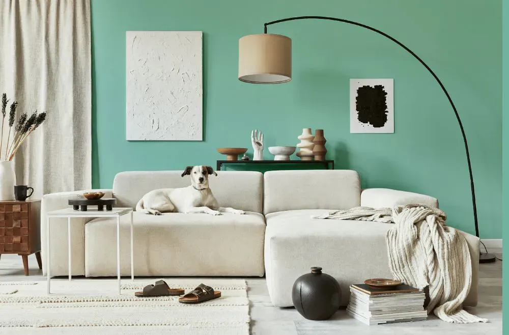 Benjamin Moore Key Largo Green cozy living room