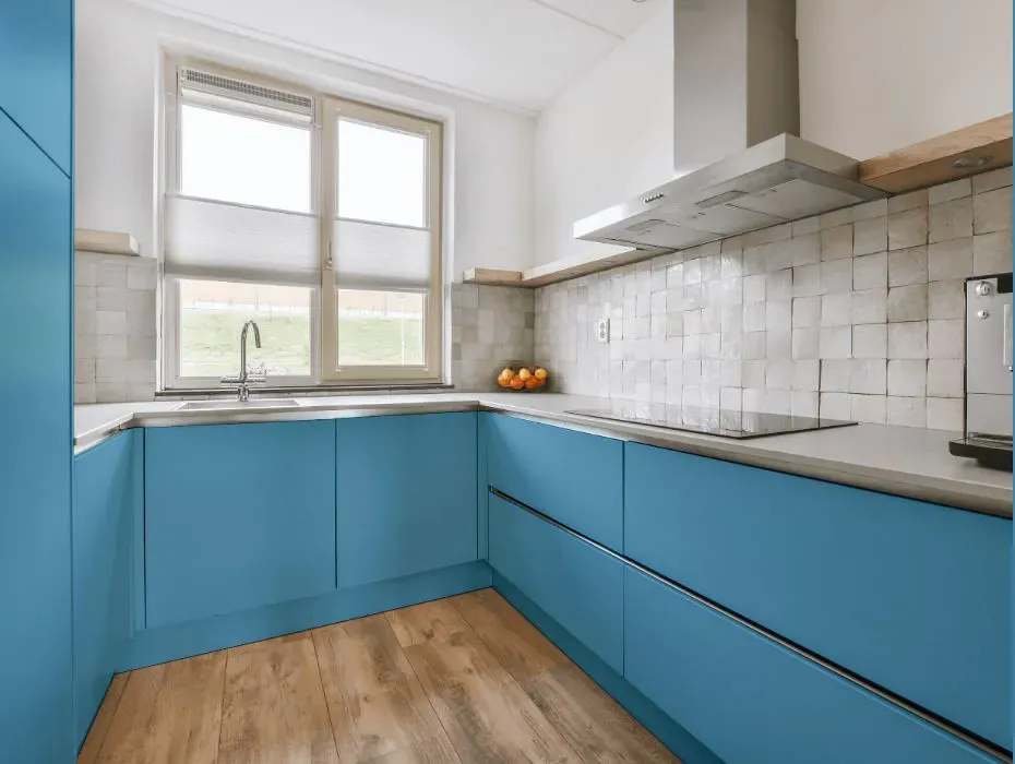Benjamin Moore Lafayette Blue small kitchen cabinets