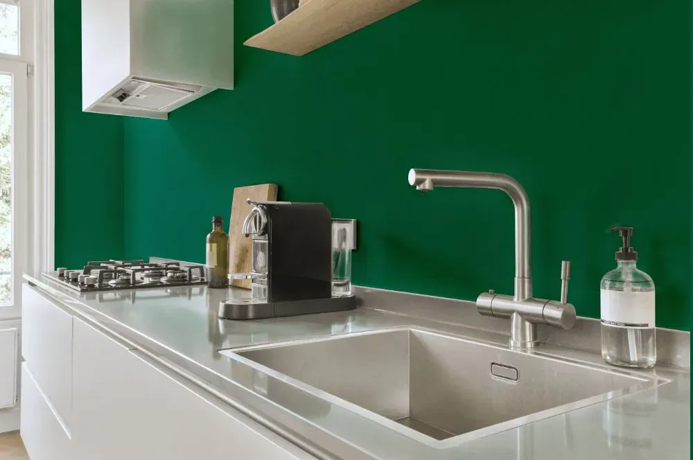 Benjamin Moore Lawn Green kitchen painted backsplash