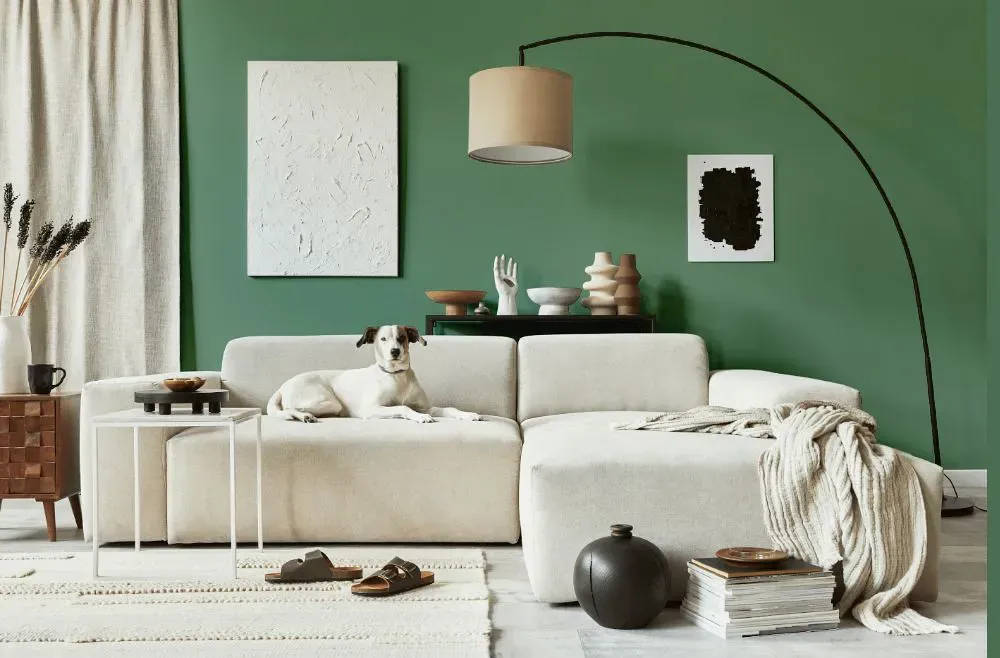 Benjamin Moore Lehigh Green cozy living room