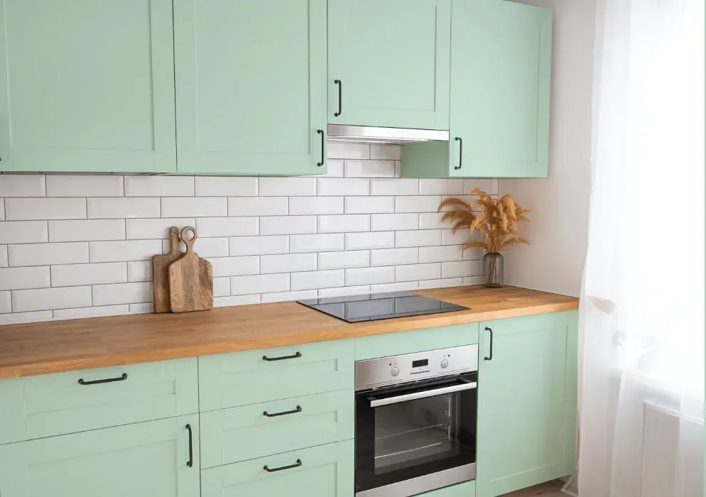 Benjamin Moore Leisure Green kitchen cabinets
