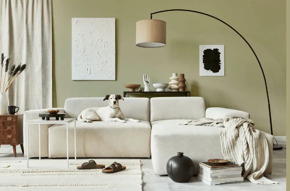 Benjamin Moore Lichen Stone cozy living room
