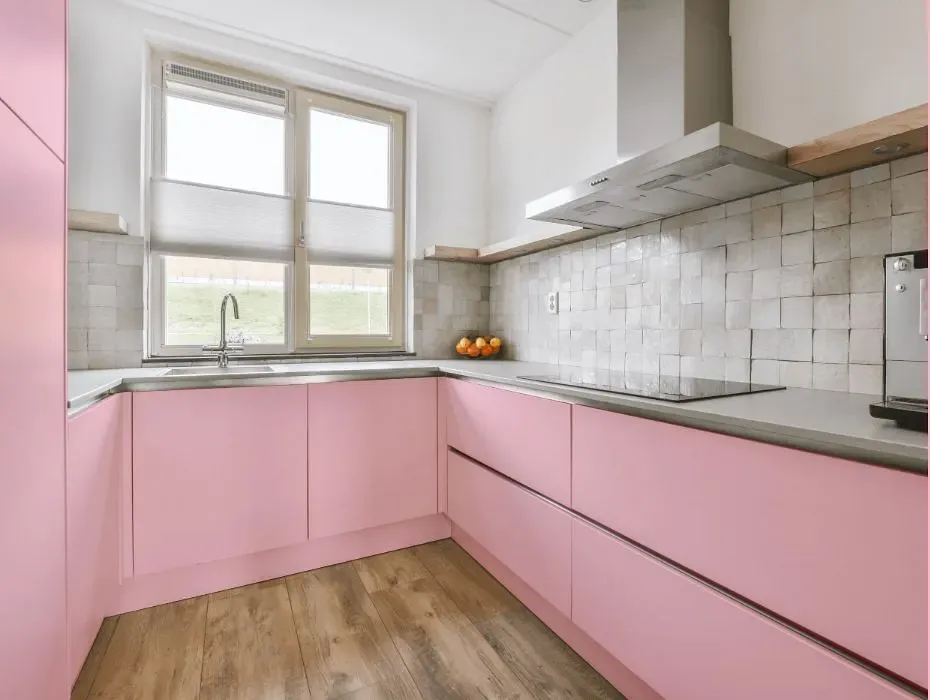 Benjamin Moore Light Chiffon Pink small kitchen cabinets