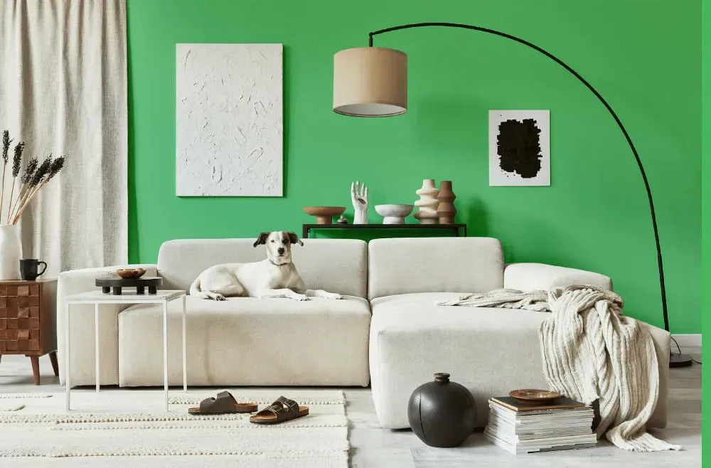 Benjamin Moore Lime Tart cozy living room
