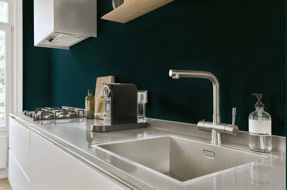 Benjamin Moore Mallard Green kitchen painted backsplash